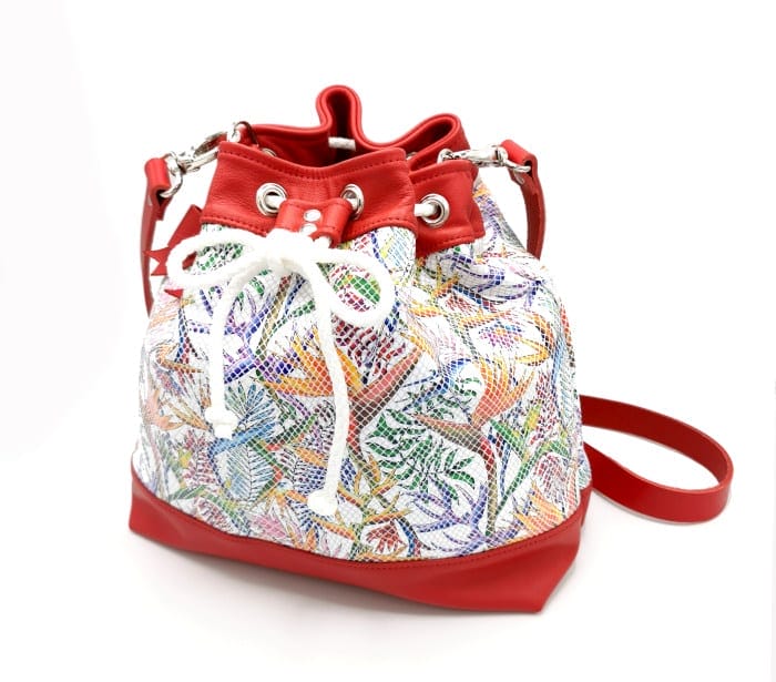 sac seau cuir imprimé tropical rouge