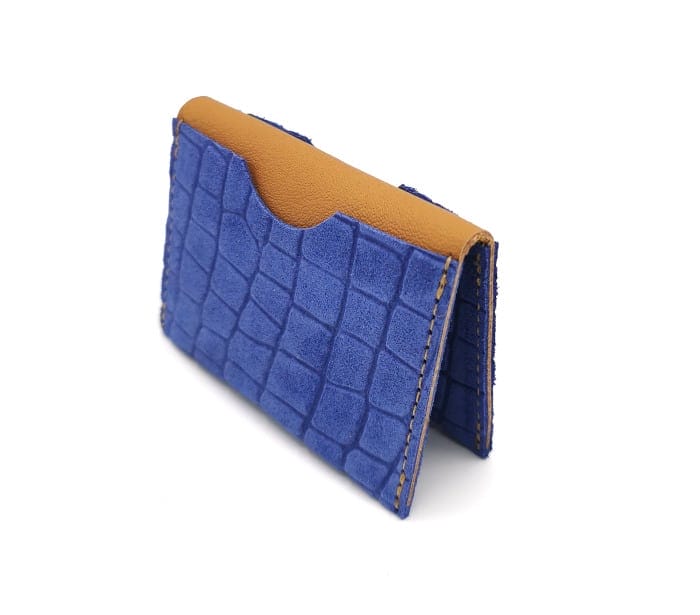 Porte cartes cuir upcyclé motif croco bleu et camel