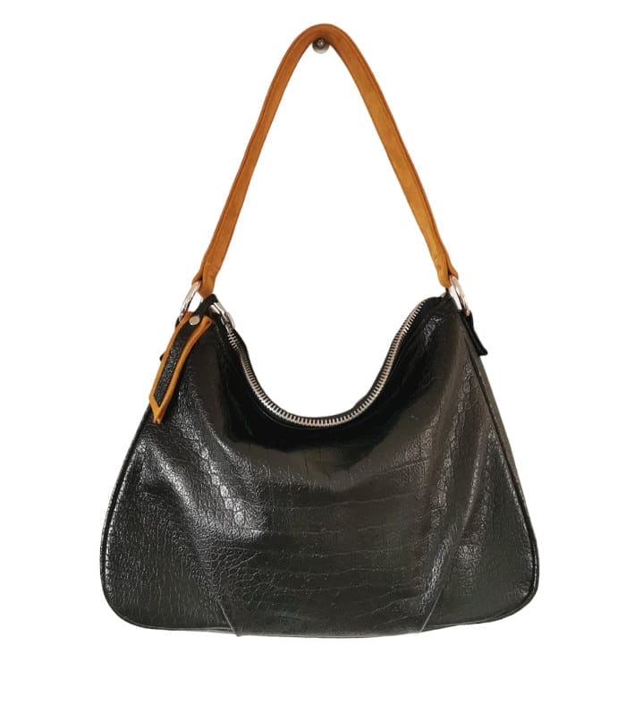 Mlle enjouée cerf noir croco-velours moutarde 3 sac hobo cuir croco noir moutarde