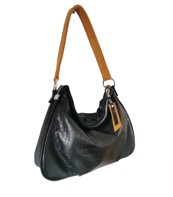 Mlle enjouée cerf noir croco-velours moutarde 7 sac hobo cuir croco noir moutarde