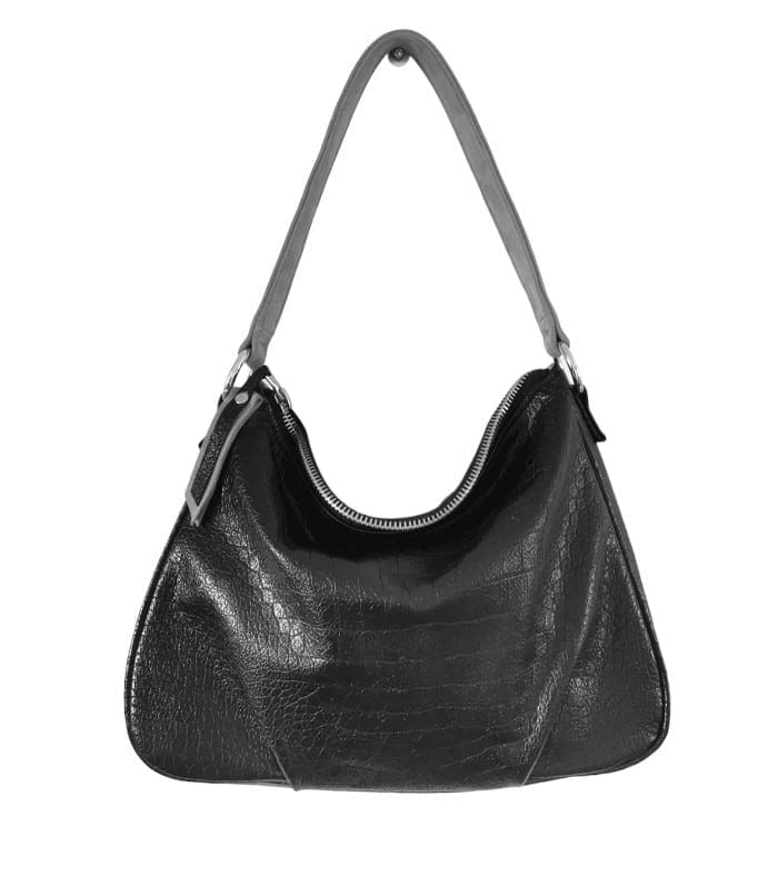 Mlle enjouée cerf noir croco-velours moutarde 3 NB Sac Hobo cuir souple embossé croco