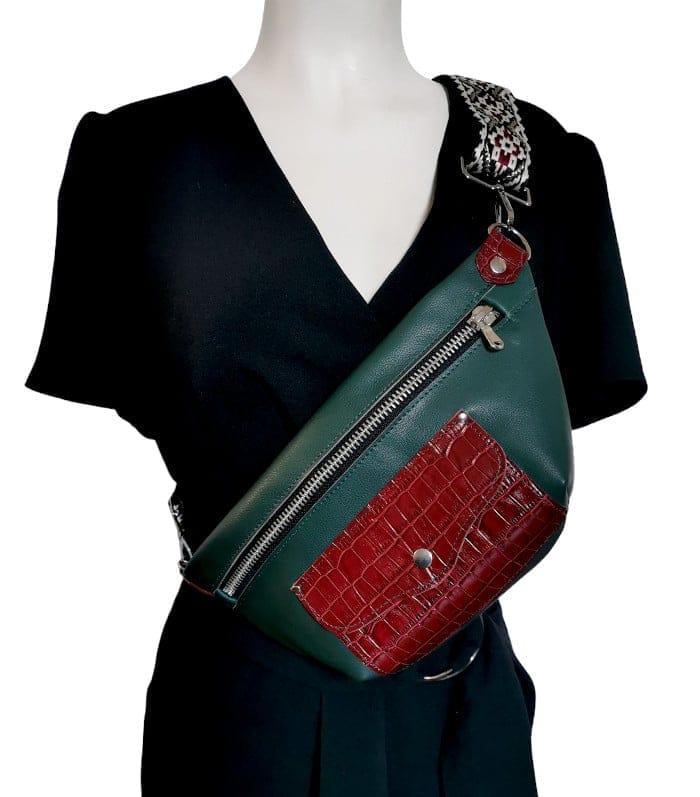 Sac banane Mlle Espiègle SBME-005 vert et bordeaux croco 3 Sac banane cuir vert et croco bordeaux